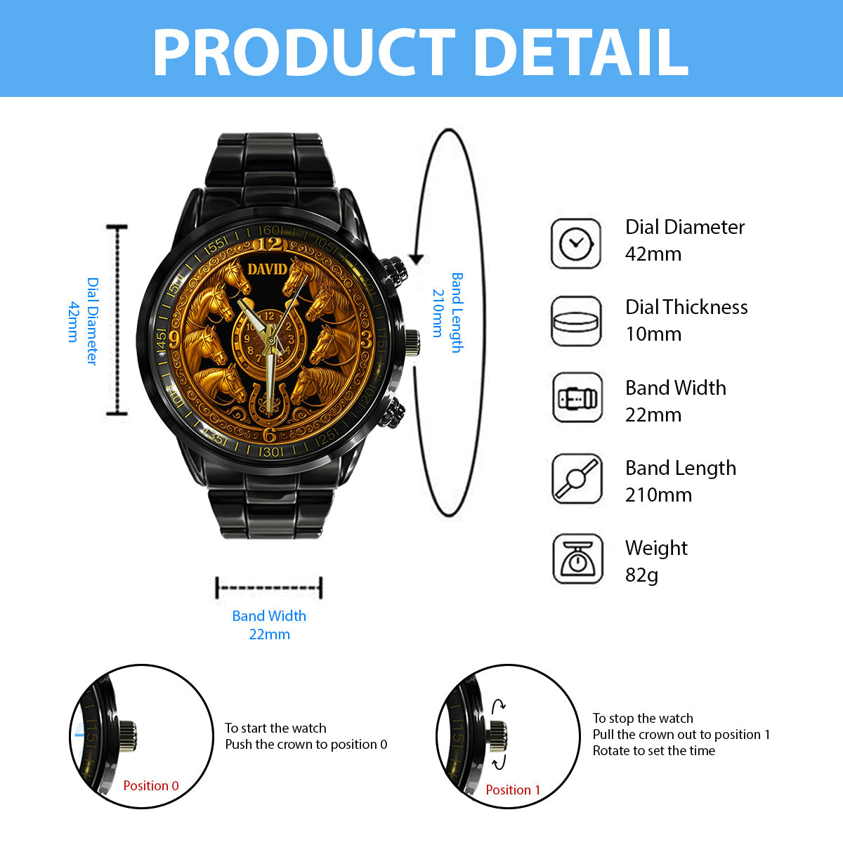 Golden Horse - Montre-bracelet personnalisée à motif cheval