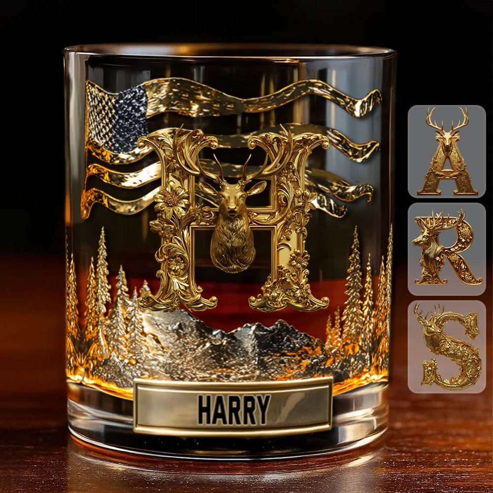 Initiale de l'alphabet pour les passionnés de chasse - Verre à whisky personnalisé sur le thème de la chasse