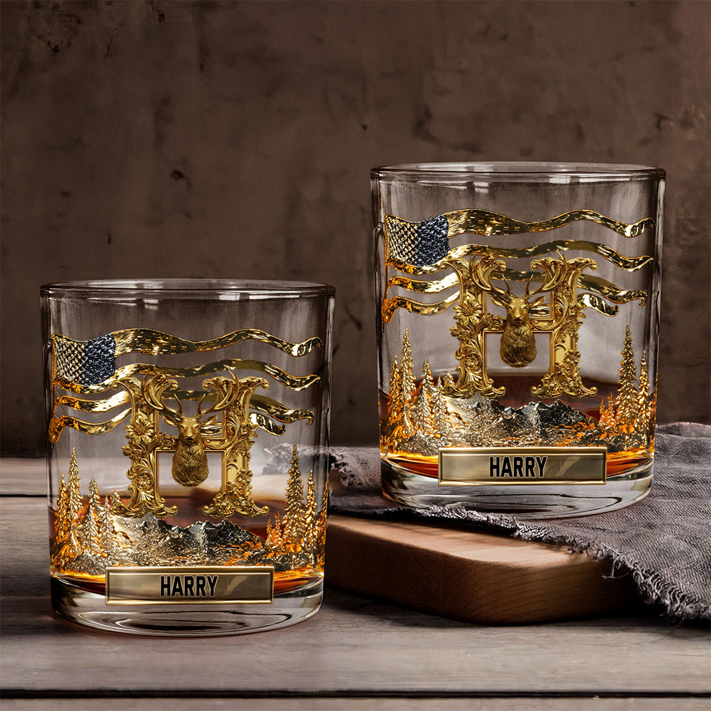 Initiale de l'alphabet pour les passionnés de chasse - Verre à whisky personnalisé sur le thème de la chasse