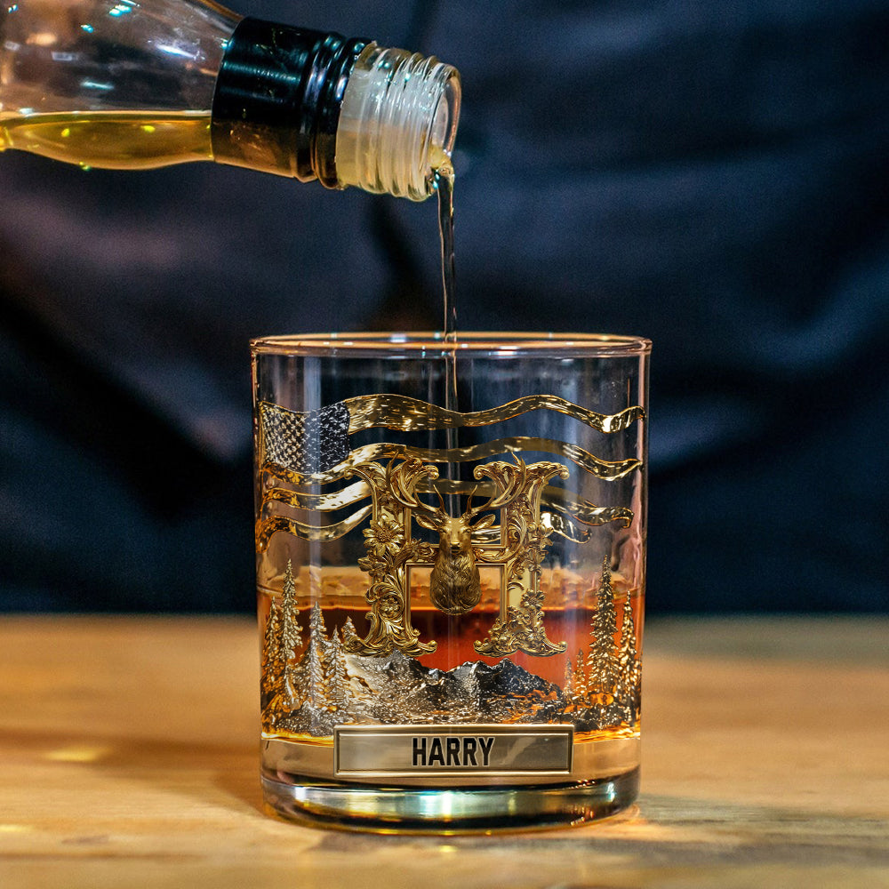 Initiale de l'alphabet pour les passionnés de chasse - Verre à whisky personnalisé sur le thème de la chasse
