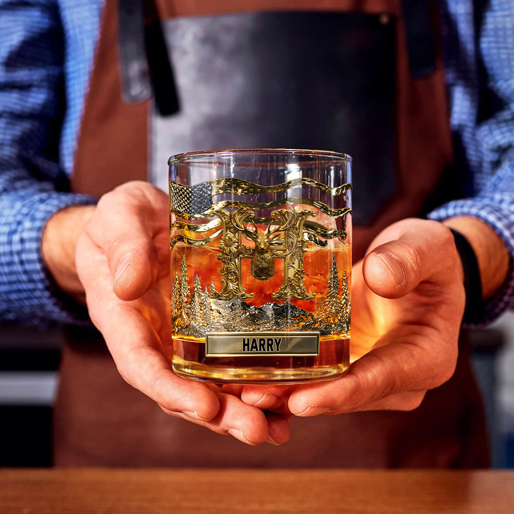 Initiale de l'alphabet pour les passionnés de chasse - Verre à whisky personnalisé sur le thème de la chasse