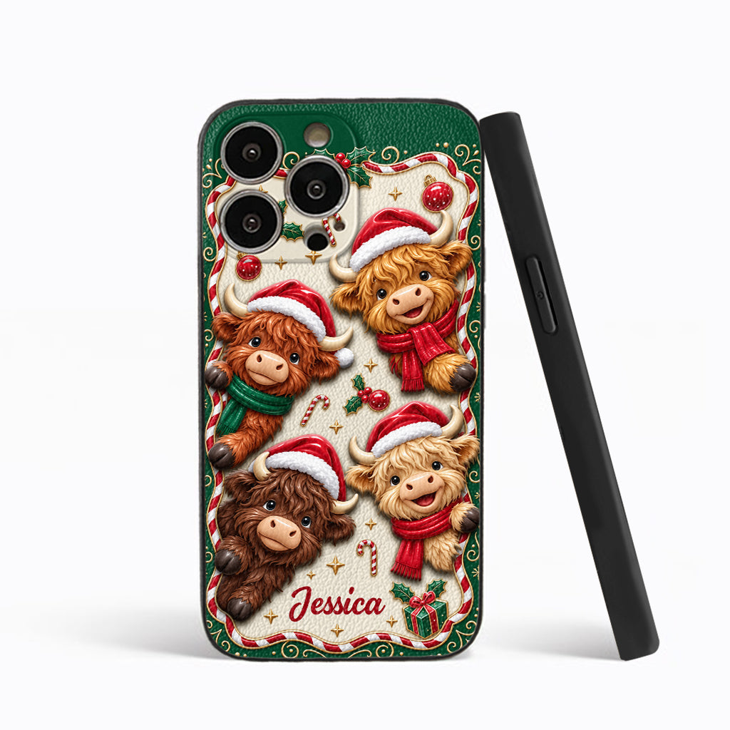 Merry Christmas Cute Highland Cows - Personalized Highland Cow 3D Embossed Leather Phone Case