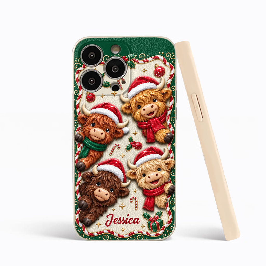 Merry Christmas Cute Highland Cows - Personalized Highland Cow 3D Embossed Leather Phone Case