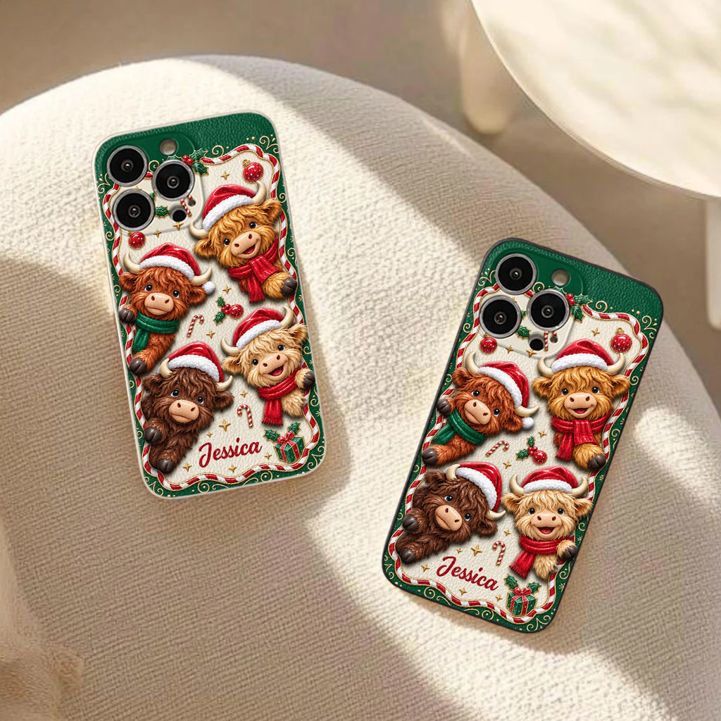 Merry Christmas Cute Highland Cows - Personalized Highland Cow 3D Embossed Leather Phone Case