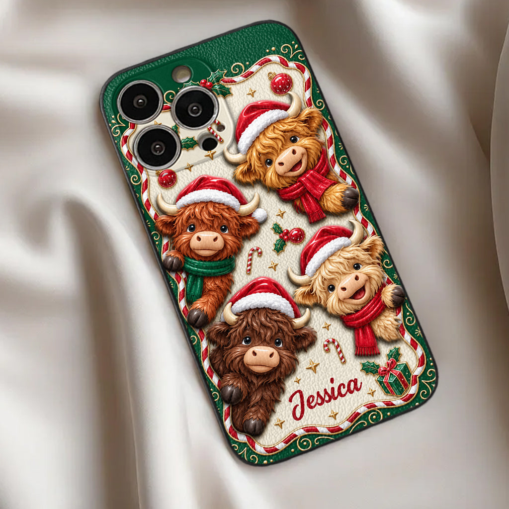 Merry Christmas Cute Highland Cows - Personalized Highland Cow 3D Embossed Leather Phone Case