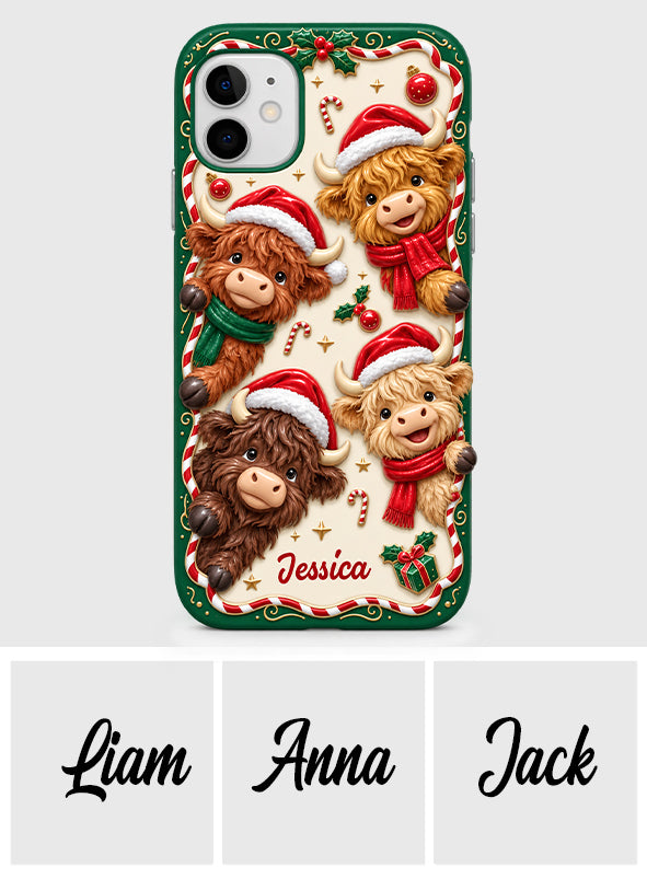 Merry Christmas Cute Highland Cows - Personalized Highland Cow 3D Embossed Leather Phone Case