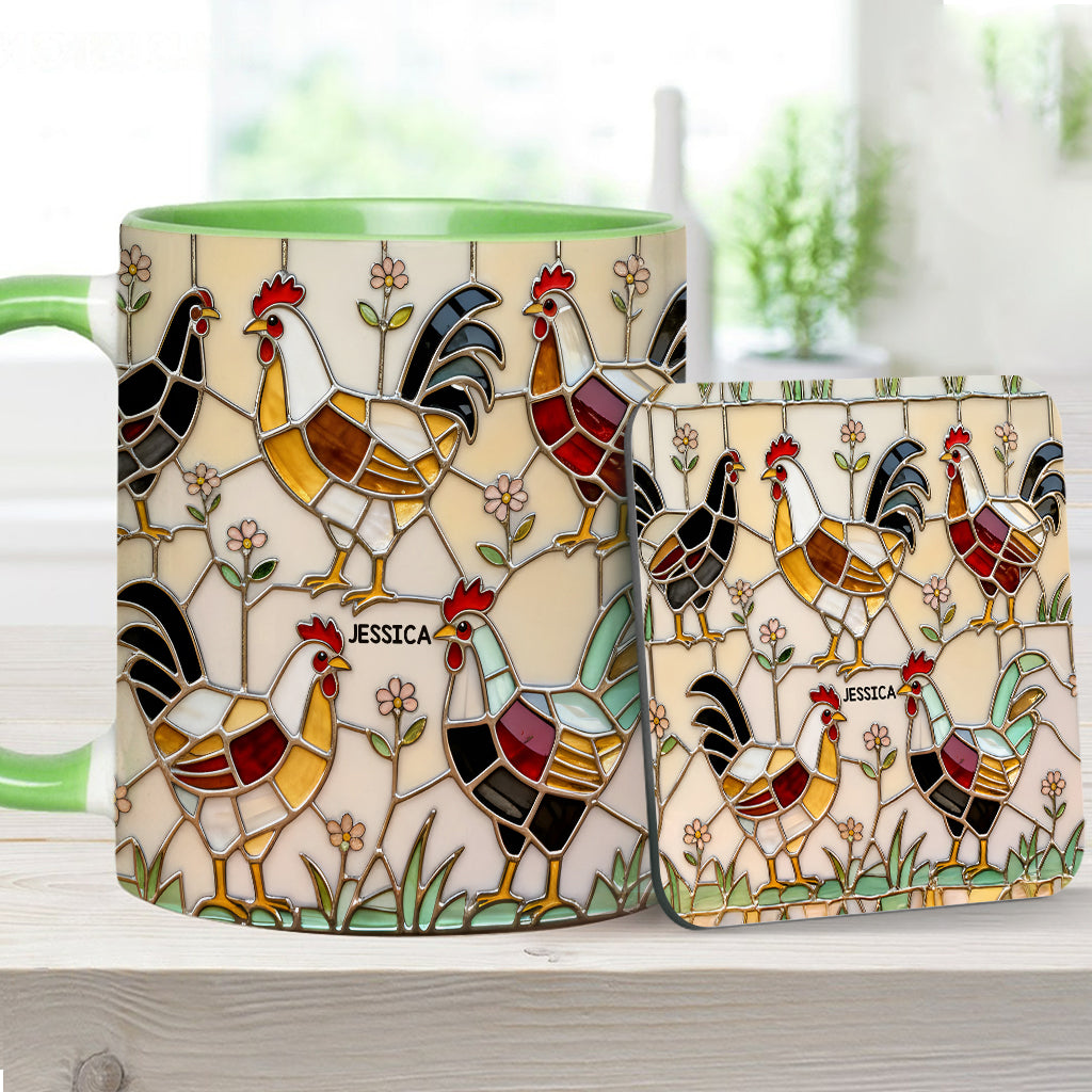 Hühnerfarm – Personalisierte Tasse und Untersetzer mit Hühnermotiv