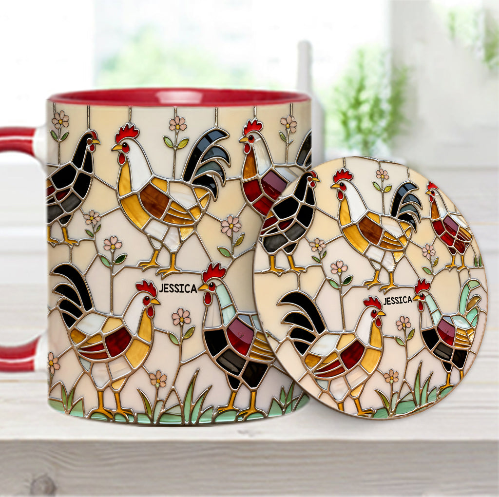 Hühnerfarm – Personalisierte Tasse und Untersetzer mit Hühnermotiv