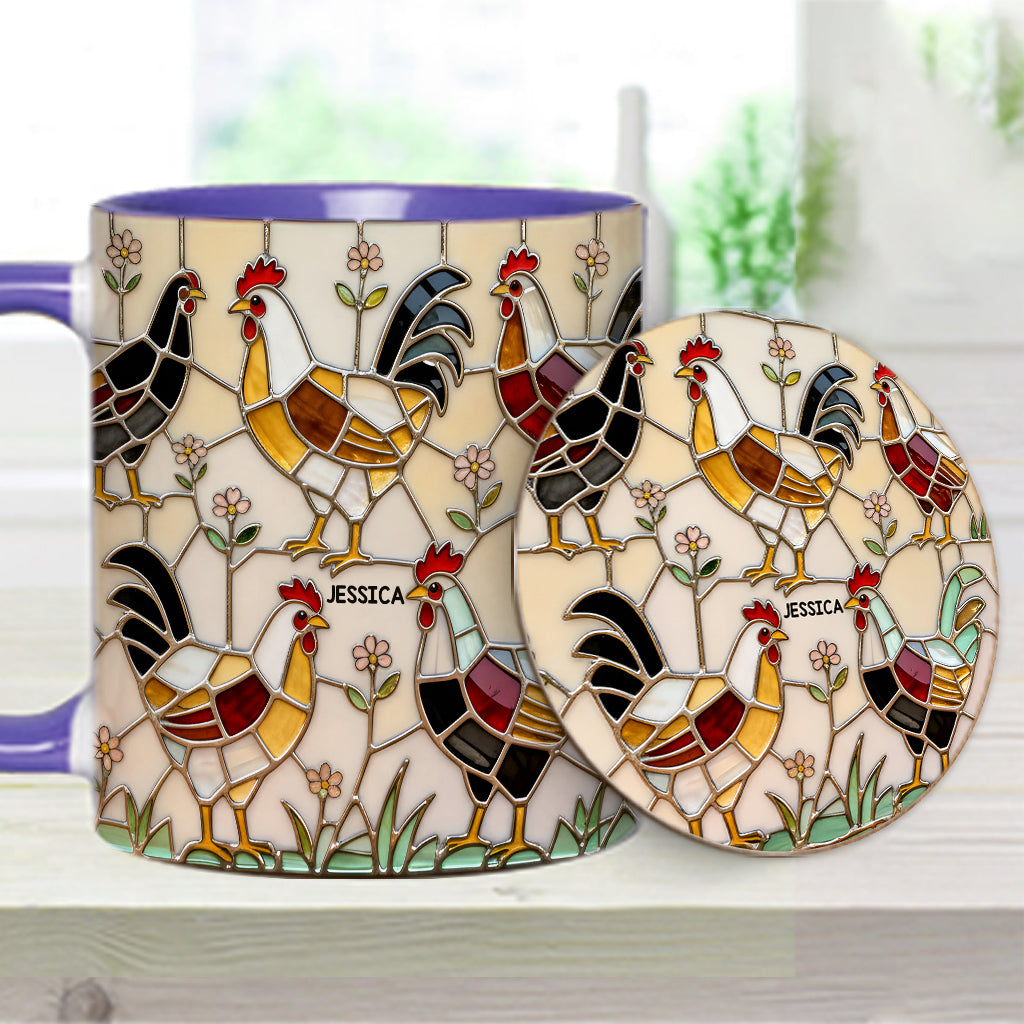 Hühnerfarm – Personalisierte Tasse und Untersetzer mit Hühnermotiv