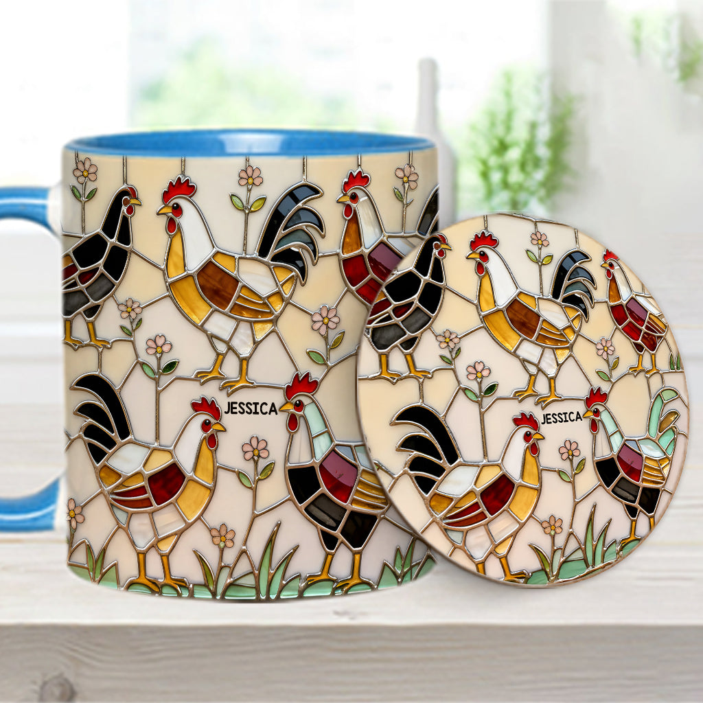 Hühnerfarm – Personalisierte Tasse und Untersetzer mit Hühnermotiv
