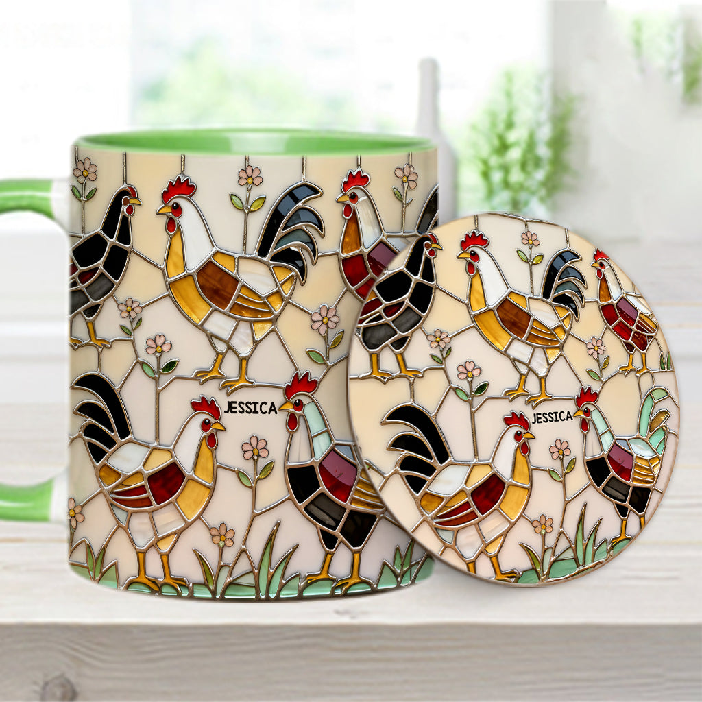 Hühnerfarm – Personalisierte Tasse und Untersetzer mit Hühnermotiv