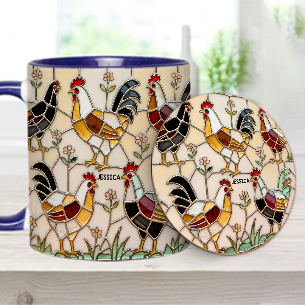 Hühnerfarm – Personalisierte Tasse und Untersetzer mit Hühnermotiv