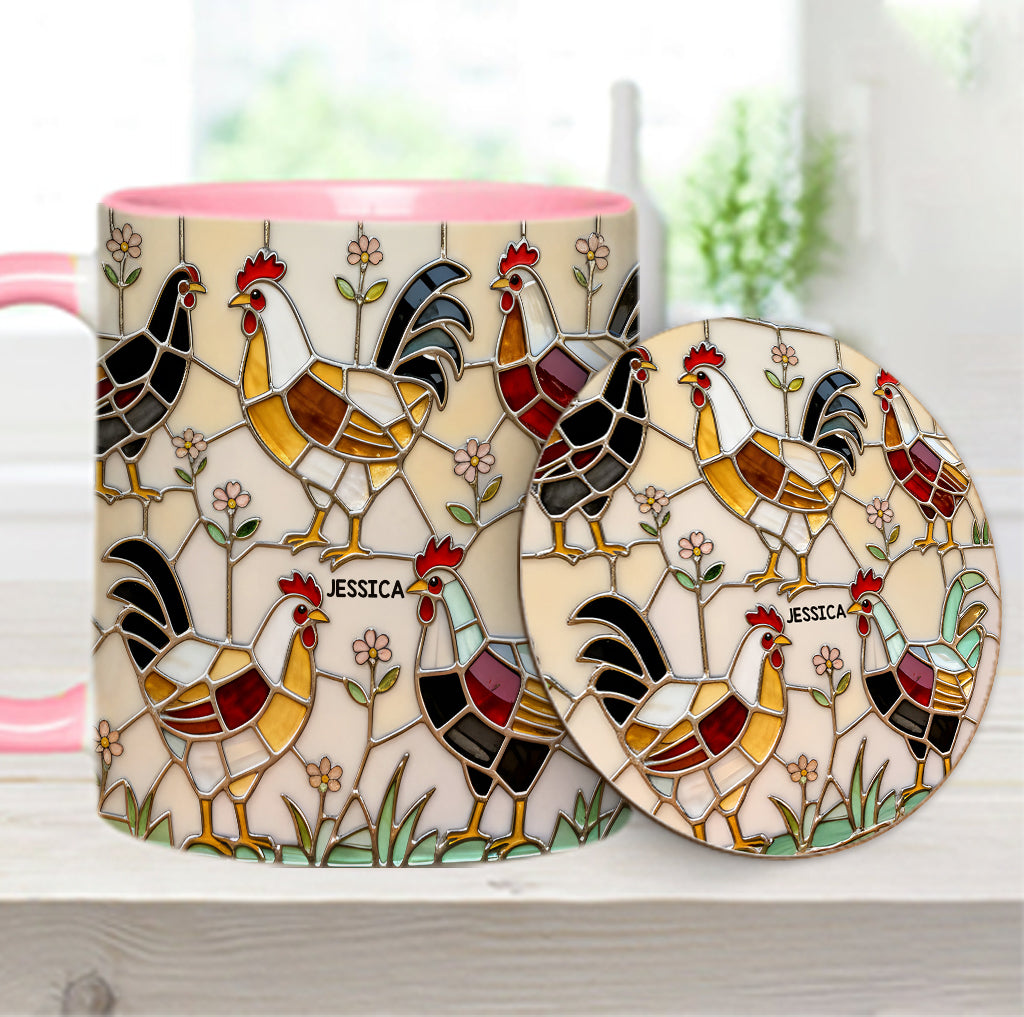 Hühnerfarm – Personalisierte Tasse und Untersetzer mit Hühnermotiv