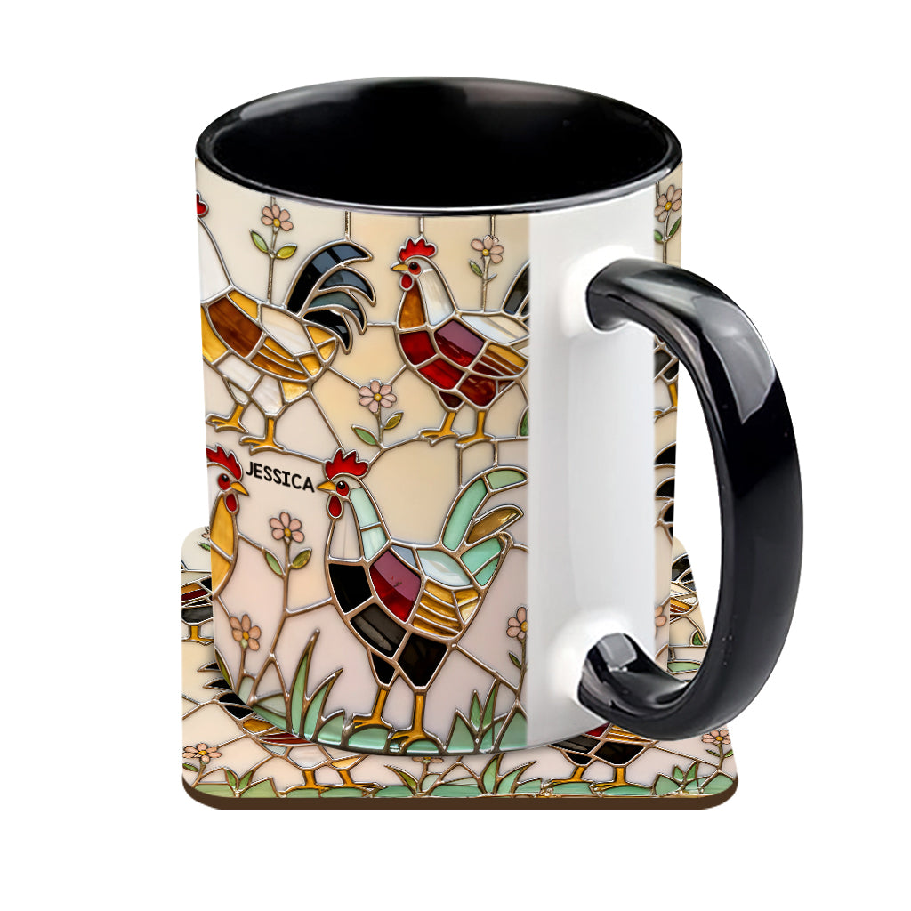 Hühnerfarm – Personalisierte Tasse und Untersetzer mit Hühnermotiv
