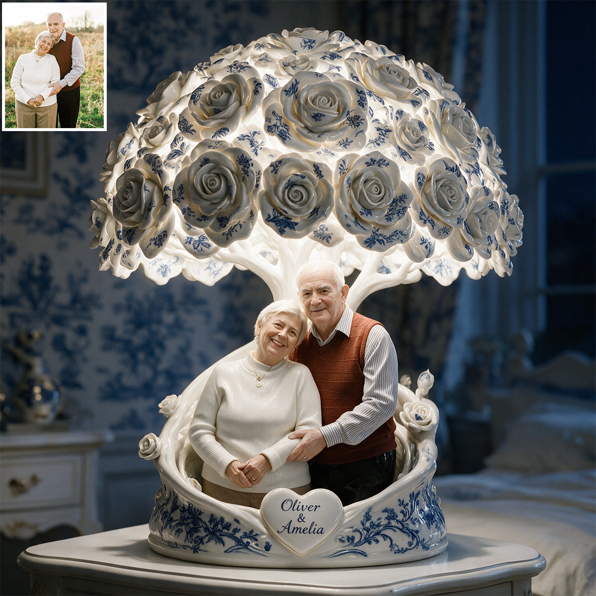 Toile de Jouy Rose Tree - Lampe de Nuit LED Acrylique Personnalisée