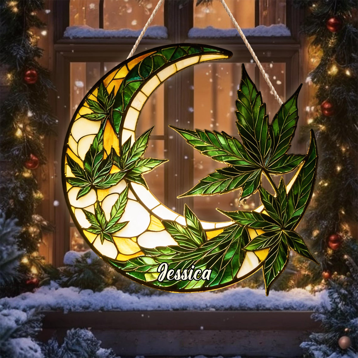 Moon And Leaves - Personalized Weed LED Light Acrylic Sign