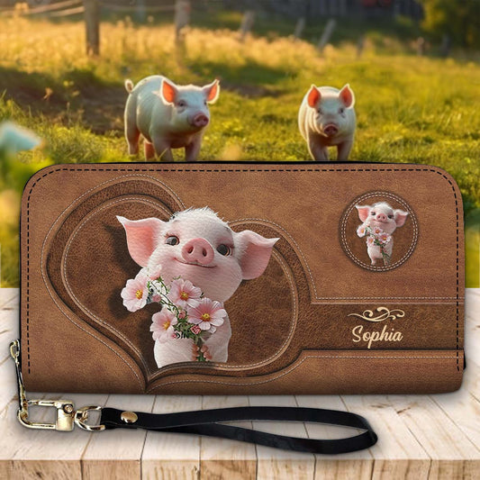 Portefeuille long en cuir personnalisé pour amoureux des cochons - Mignon Cochon