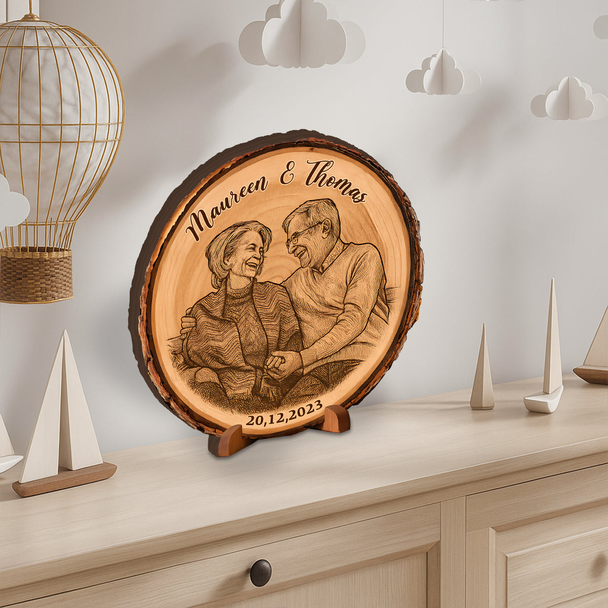 Custom Photo on Bark Edge Wood - Personalized Couple Custom Shaped Wood Plaque