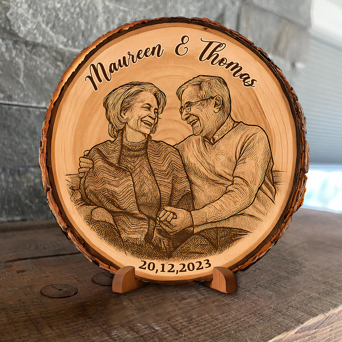 Custom Photo on Bark Edge Wood - Personalized Couple Custom Shaped Wood Plaque