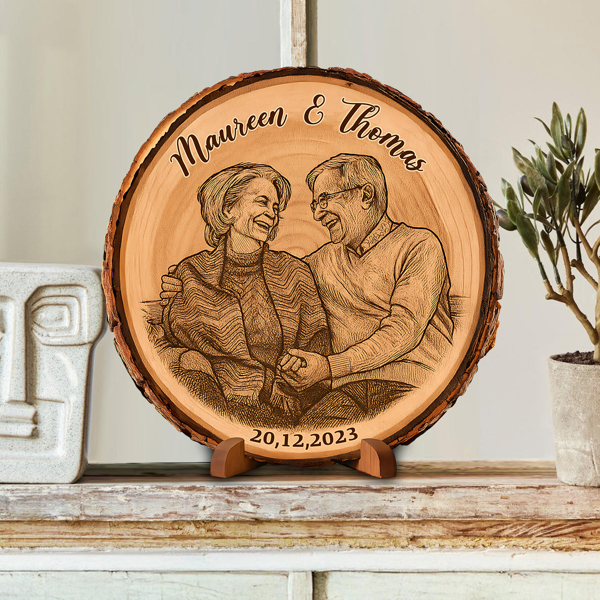 Custom Photo on Bark Edge Wood - Personalized Couple Custom Shaped Wood Plaque