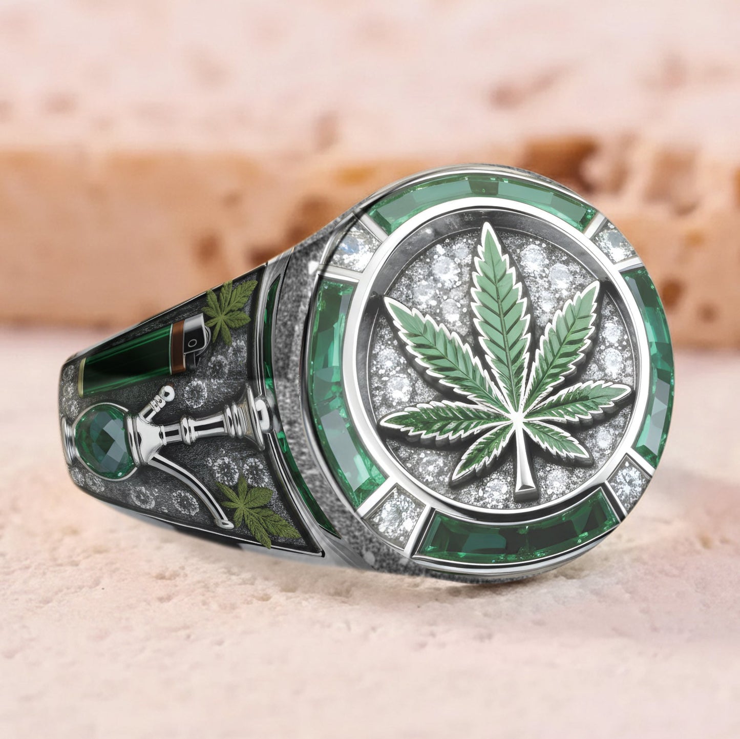 Bague chevalière personnalisée Green Magic Leaf - Cannabis