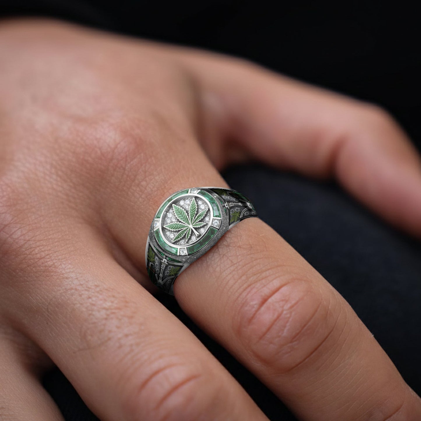 Bague chevalière personnalisée Green Magic Leaf - Cannabis