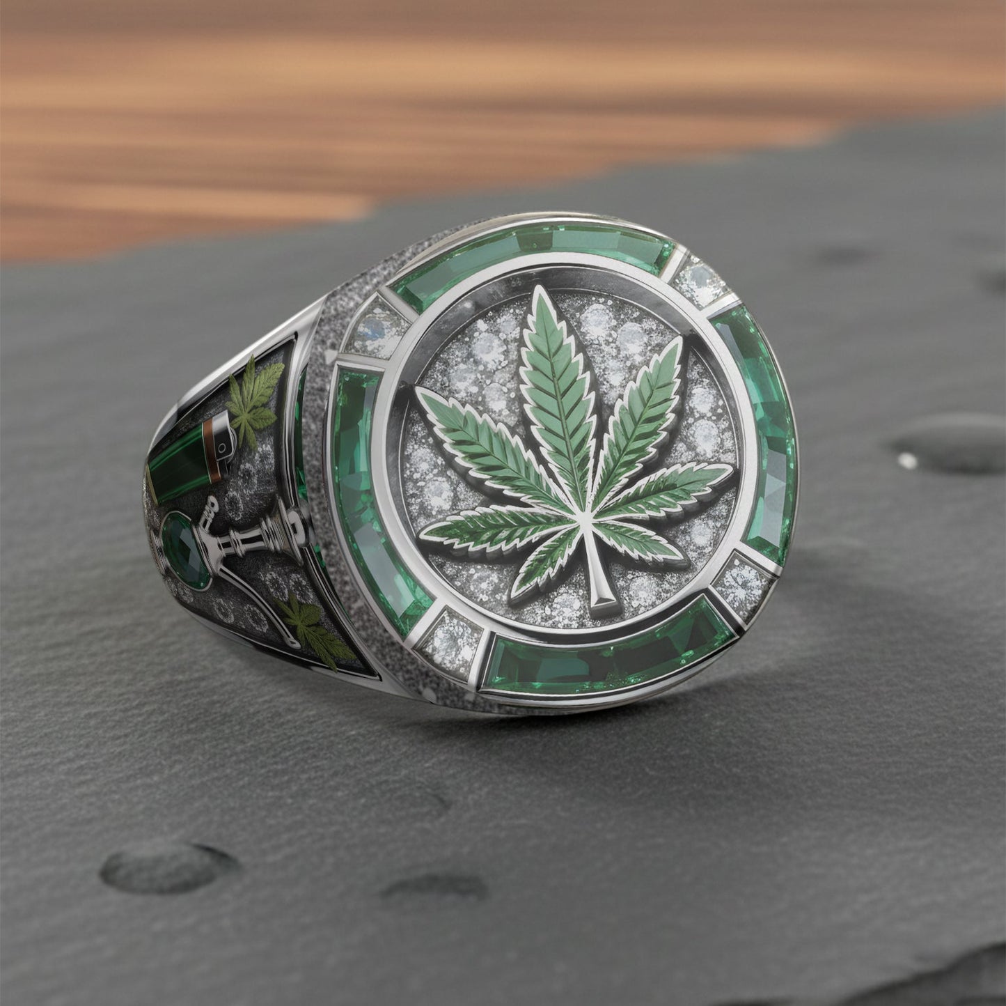 Bague chevalière personnalisée Green Magic Leaf - Cannabis