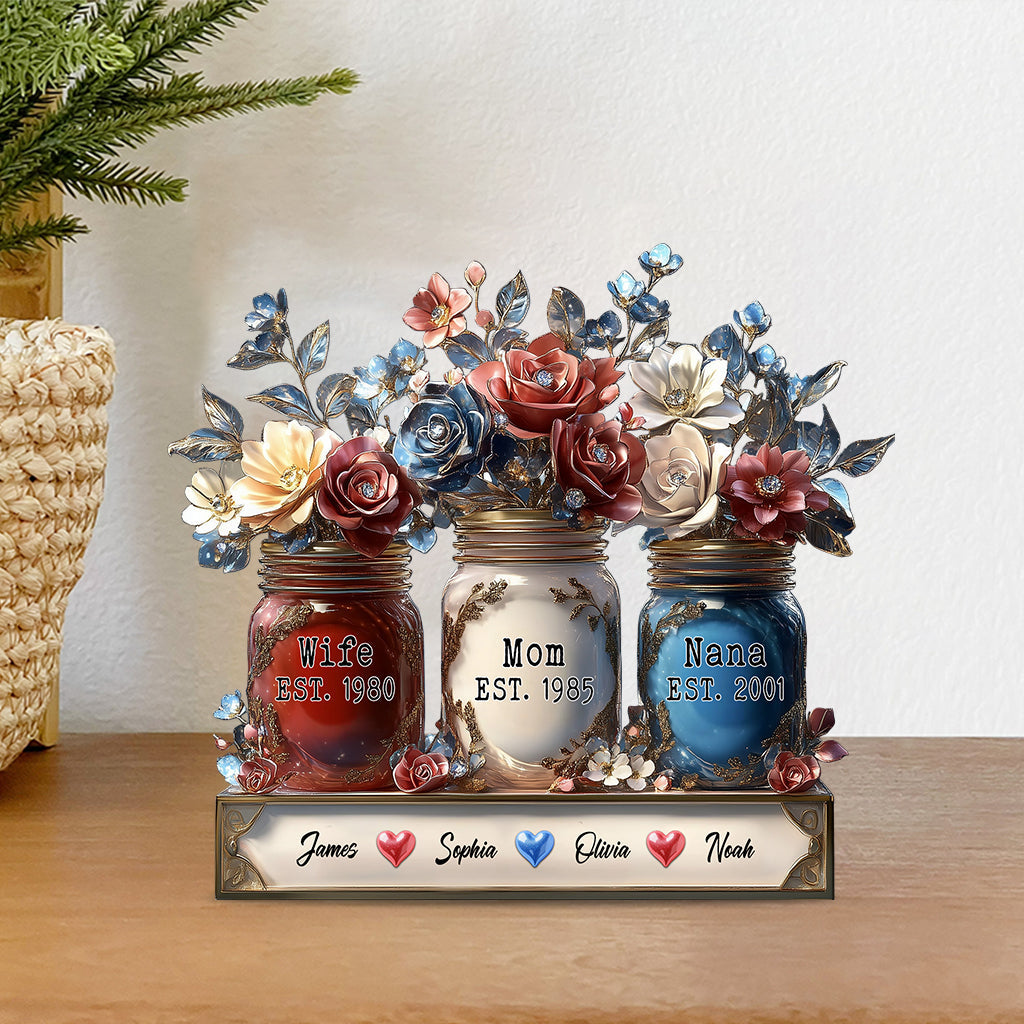 Wife Mom Nana Flower Jar - Personalized Mother Custom Shaped Acrylic Plaque