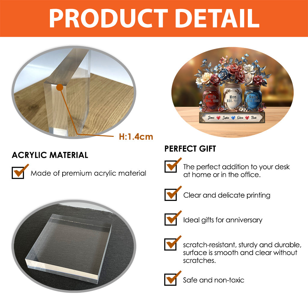 Wife Mom Nana Flower Jar - Personalized Mother Custom Shaped Acrylic Plaque