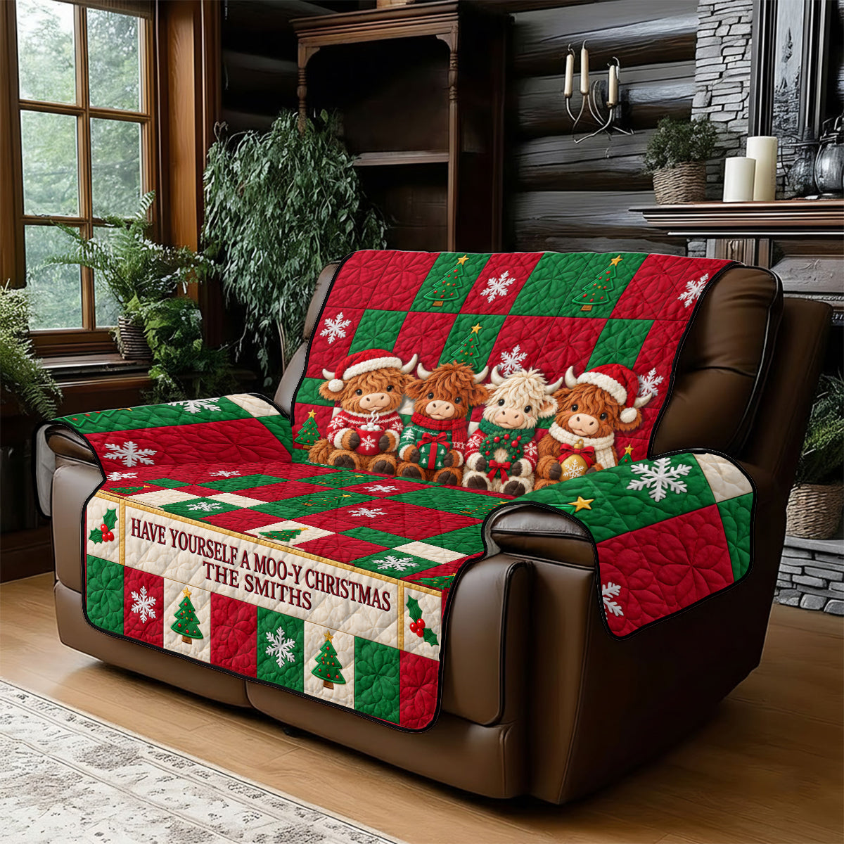 Moo-y Christmas - Personalized Highland Cow Quilted Sofa/Couch Cover