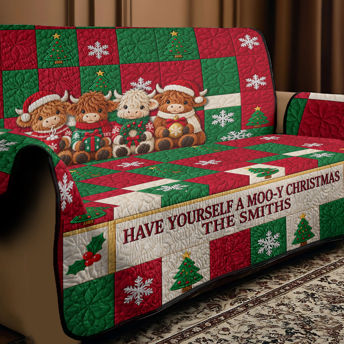 Moo-y Christmas - Personalized Highland Cow Quilted Sofa/Couch Cover