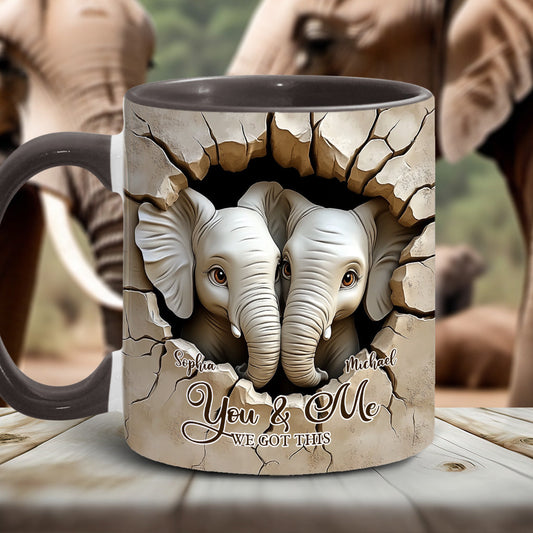 „Du und ich, wir schaffen das“ – personalisierte Tasse mit Elefantenmotiv