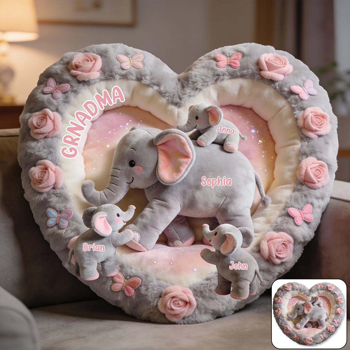 Cadeau Nana Éléphant pour Maman, Grand-mère - Coussin personnalisé en fausse fourrure en forme de grand-mère