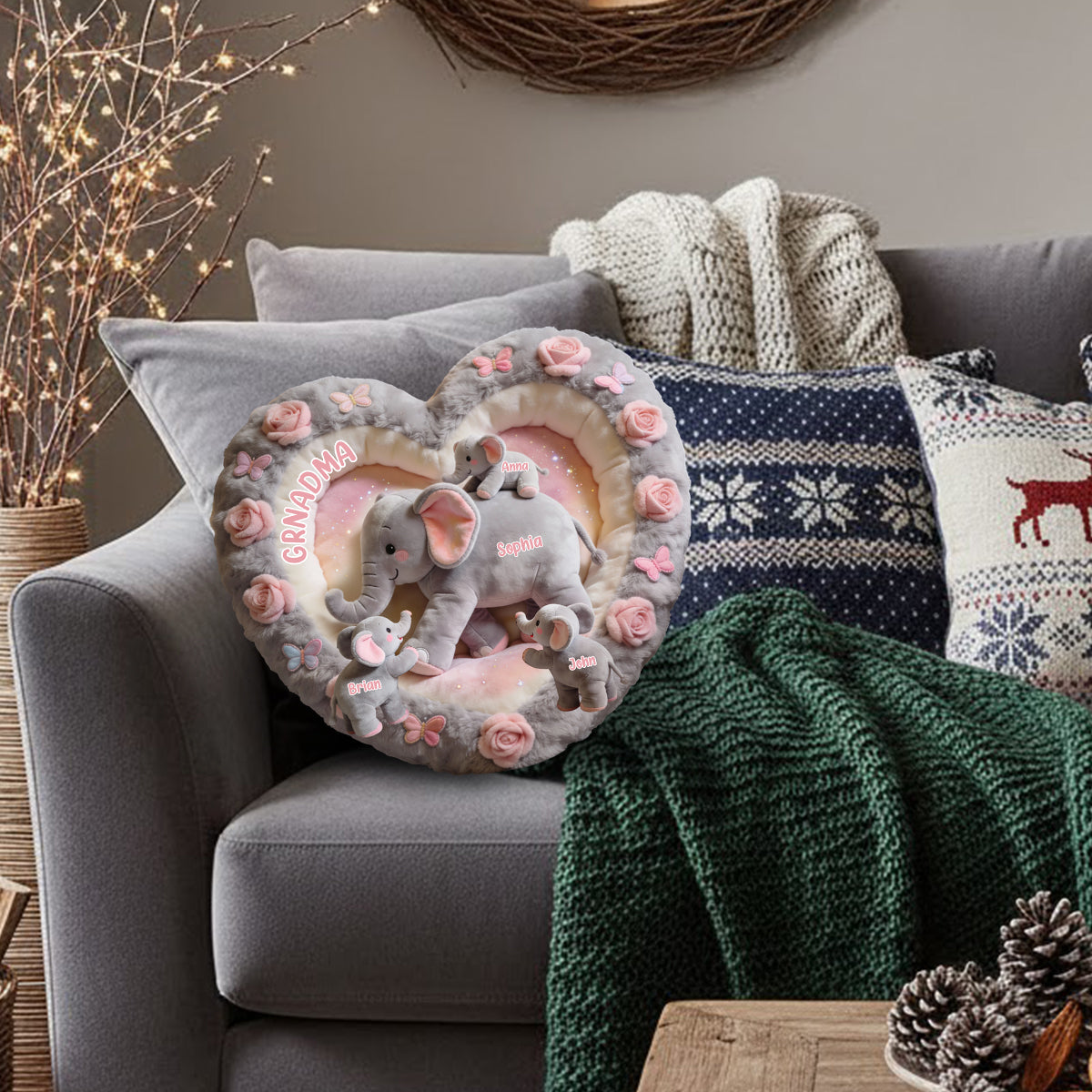 Cadeau Nana Éléphant pour Maman, Grand-mère - Coussin personnalisé en fausse fourrure en forme de grand-mère