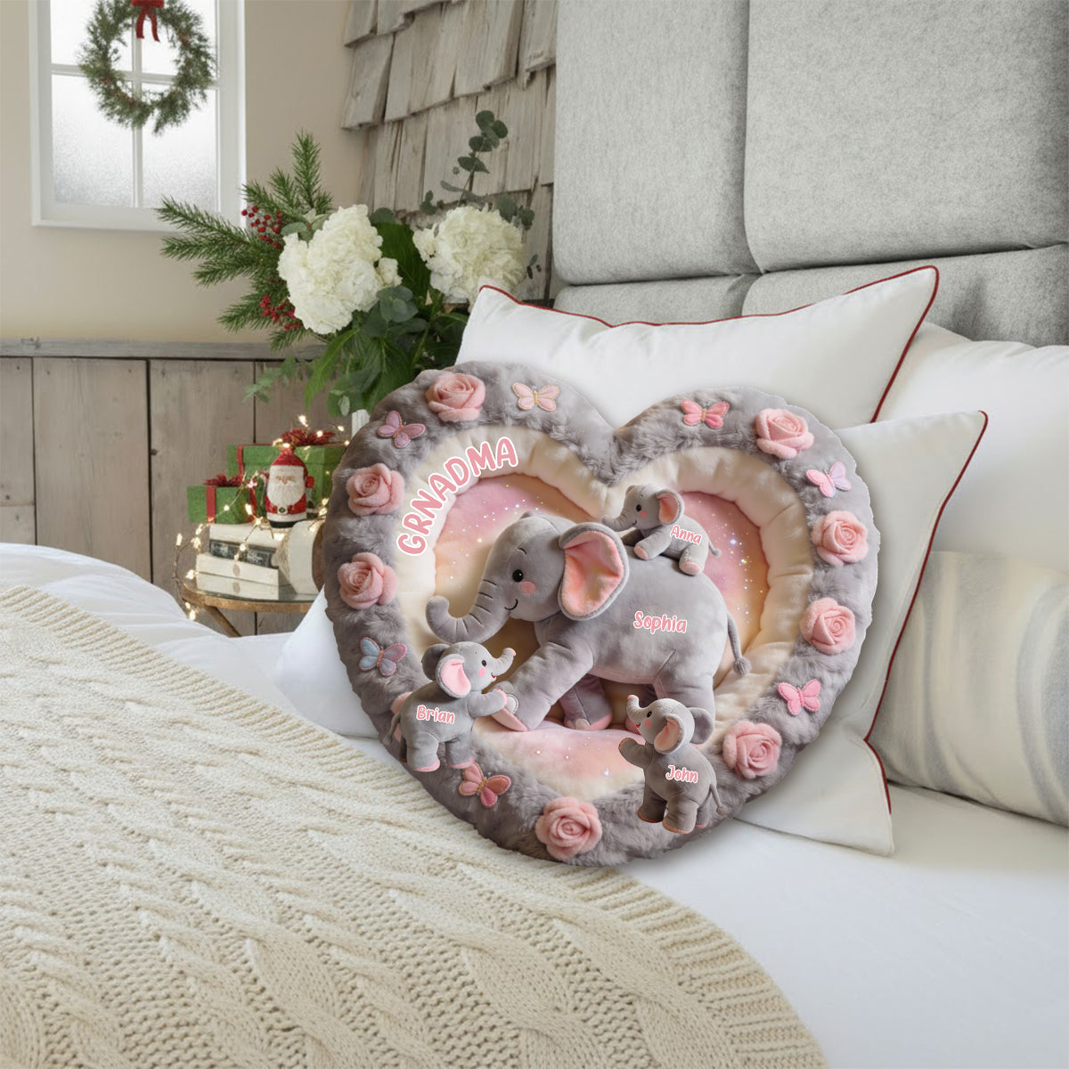 Cadeau Nana Éléphant pour Maman, Grand-mère - Coussin personnalisé en fausse fourrure en forme de grand-mère