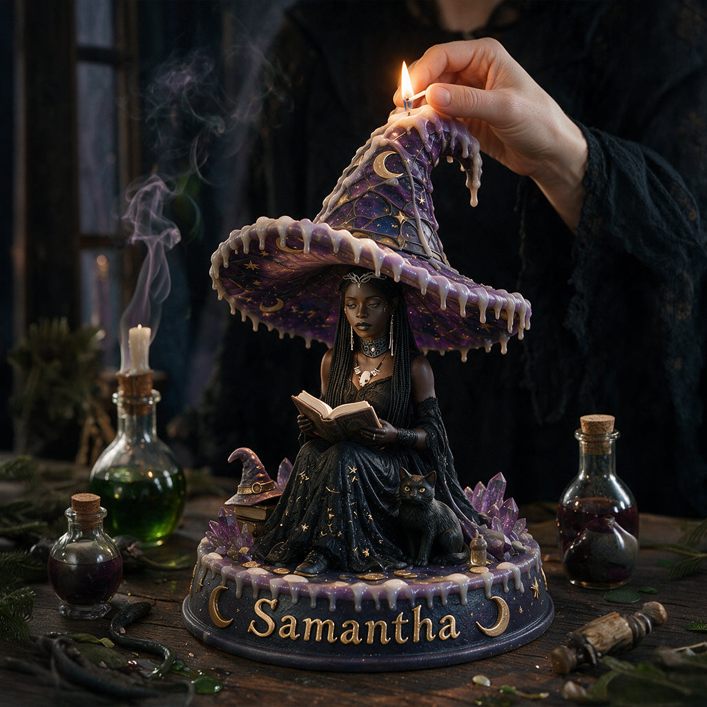 Midnight Enchantress - Personalized Witch Custom Shape Wooden Candle Holder