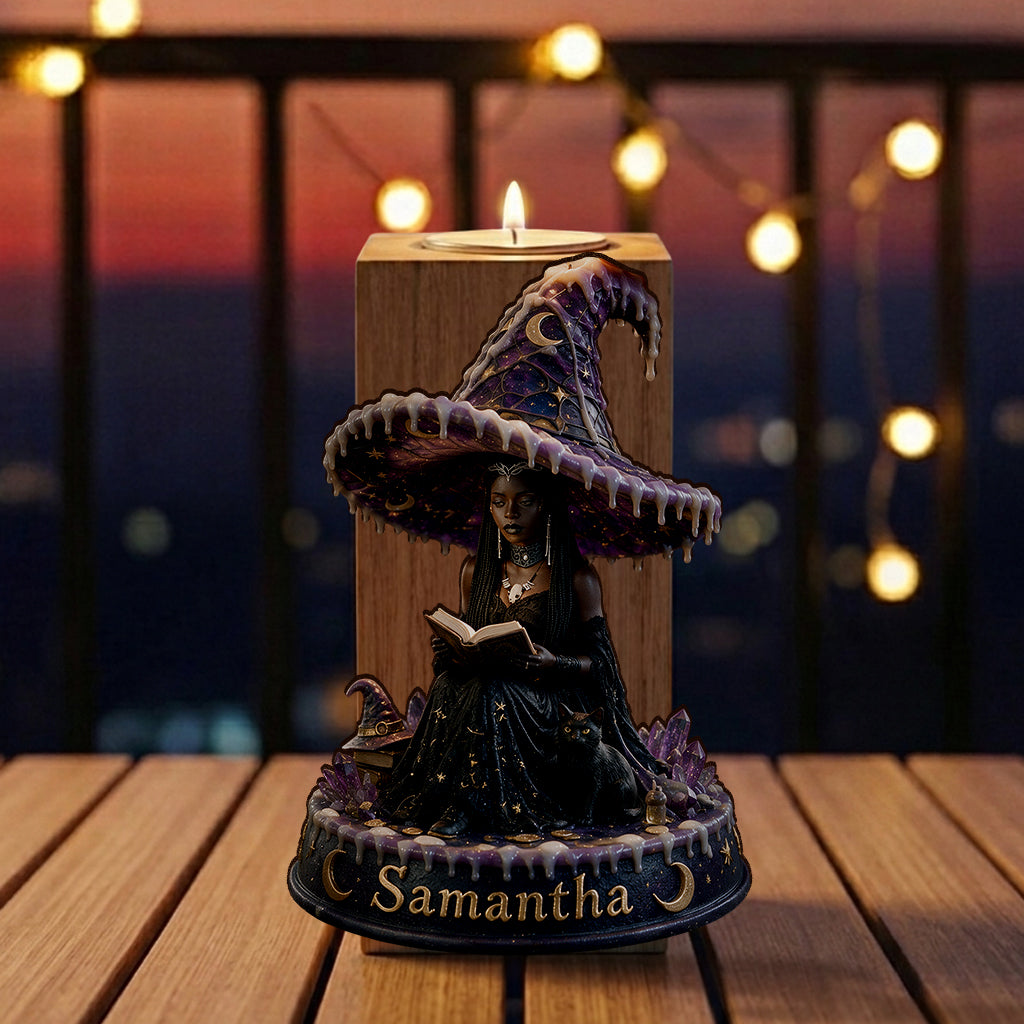 Midnight Enchantress - Personalized Witch Custom Shape Wooden Candle Holder