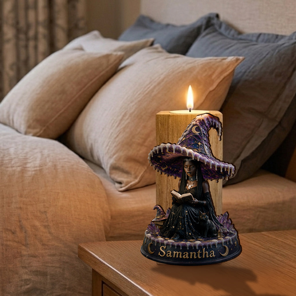 Midnight Enchantress - Personalized Witch Custom Shape Wooden Candle Holder