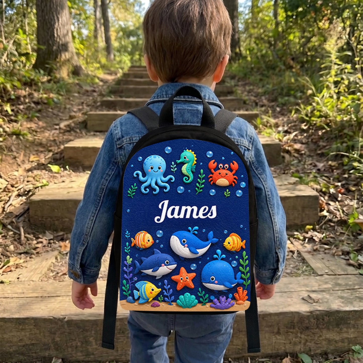 Ocean Life, Back To School Gift - Personalized Kid Changeable Leather Patch Backpack