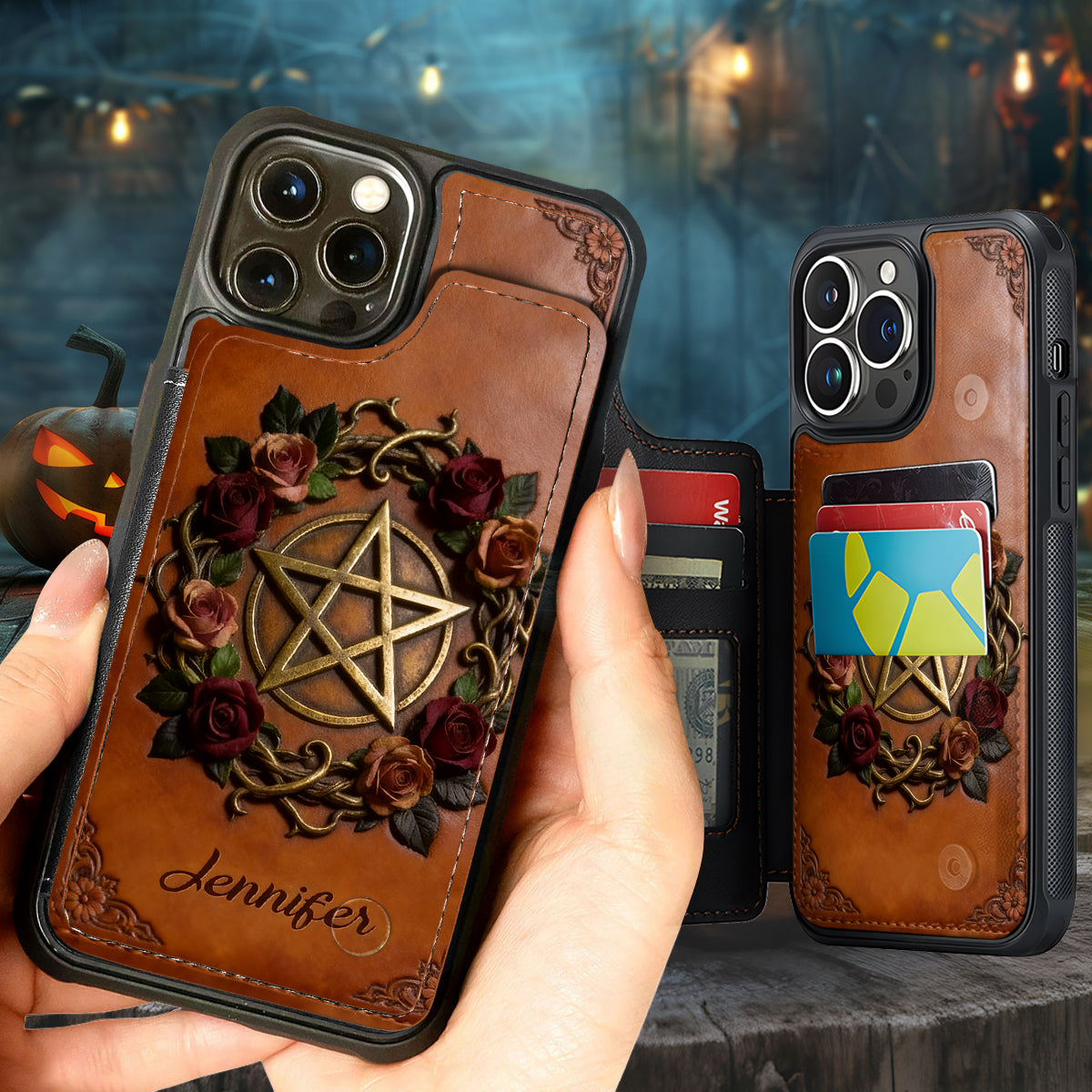 Étui portefeuille pour téléphone personnalisé avec symbole magique et sorcière, entièrement imprimé