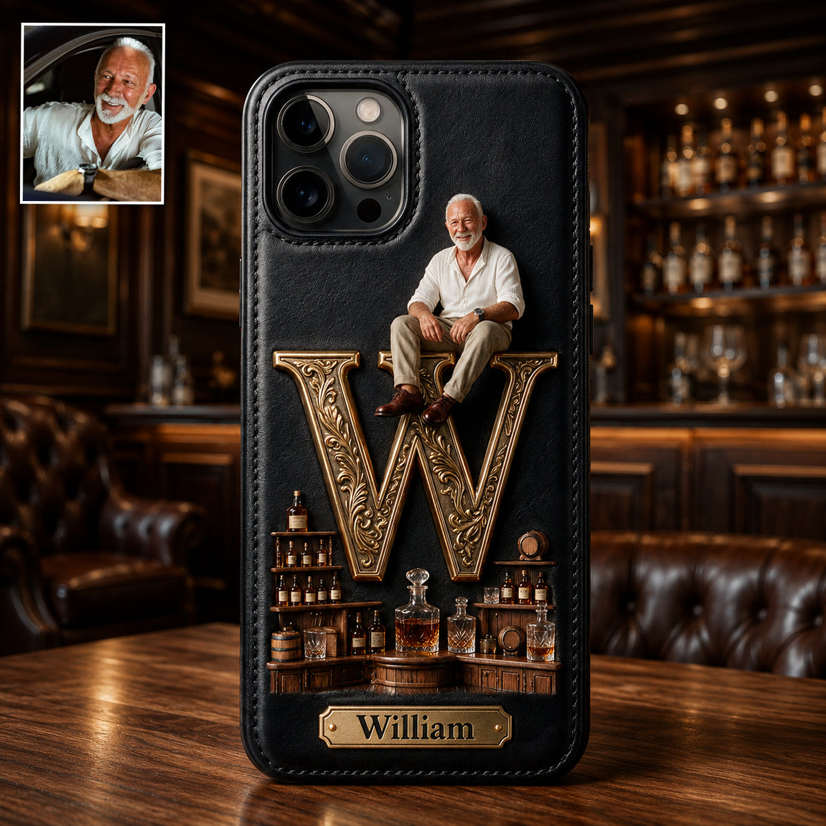 Alphabet Initial For Whiskey, Bourbon... Lovers - Personalized Whisky 3D Embossed Leather Phone Case