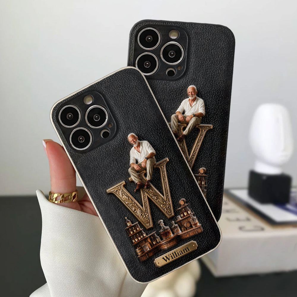 Alphabet Initial For Whiskey, Bourbon... Lovers - Personalized Whisky 3D Embossed Leather Phone Case