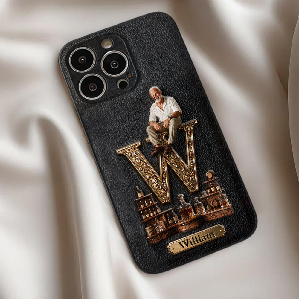 Alphabet Initial For Whiskey, Bourbon... Lovers - Personalized Whisky 3D Embossed Leather Phone Case