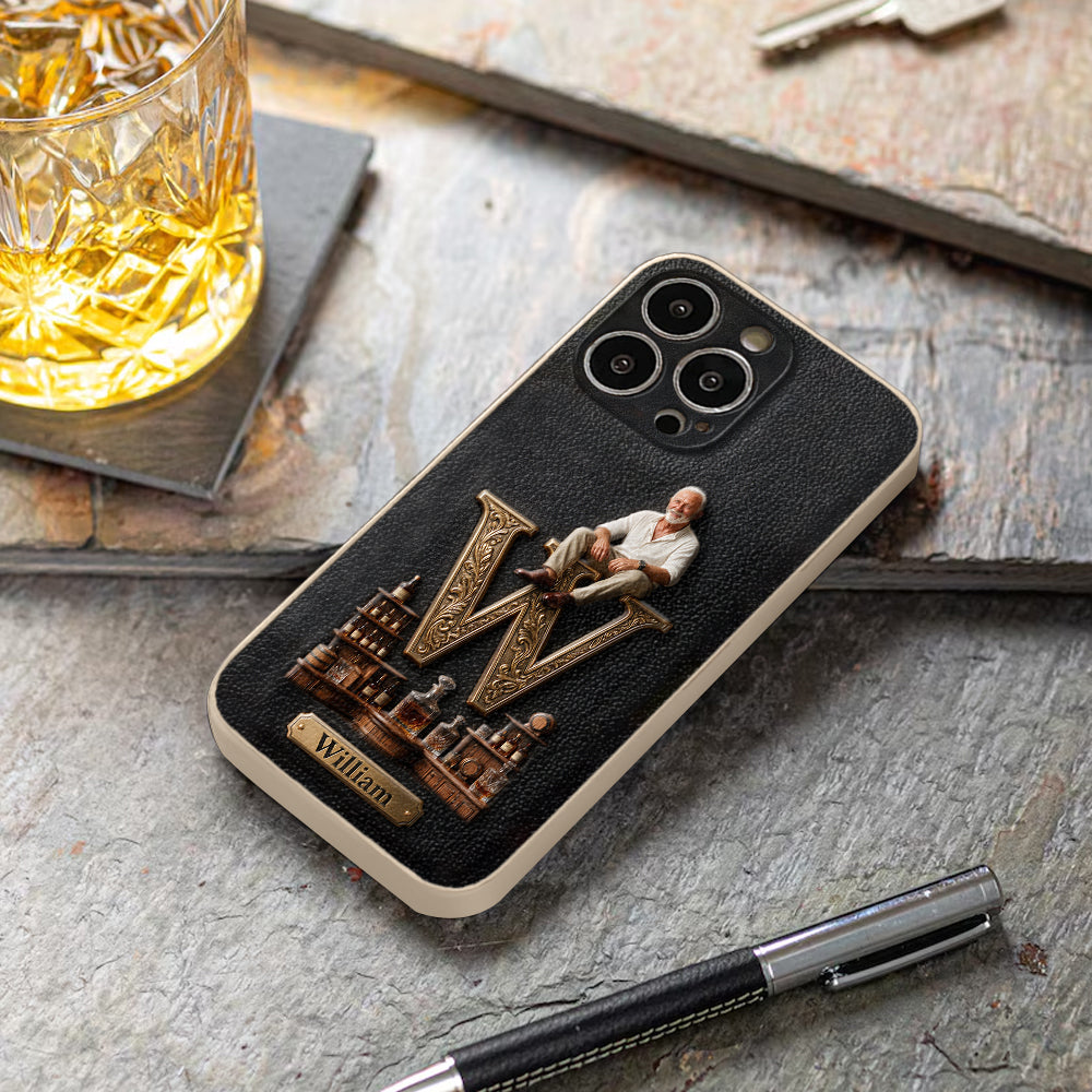 Alphabet Initial For Whiskey, Bourbon... Lovers - Personalized Whisky 3D Embossed Leather Phone Case