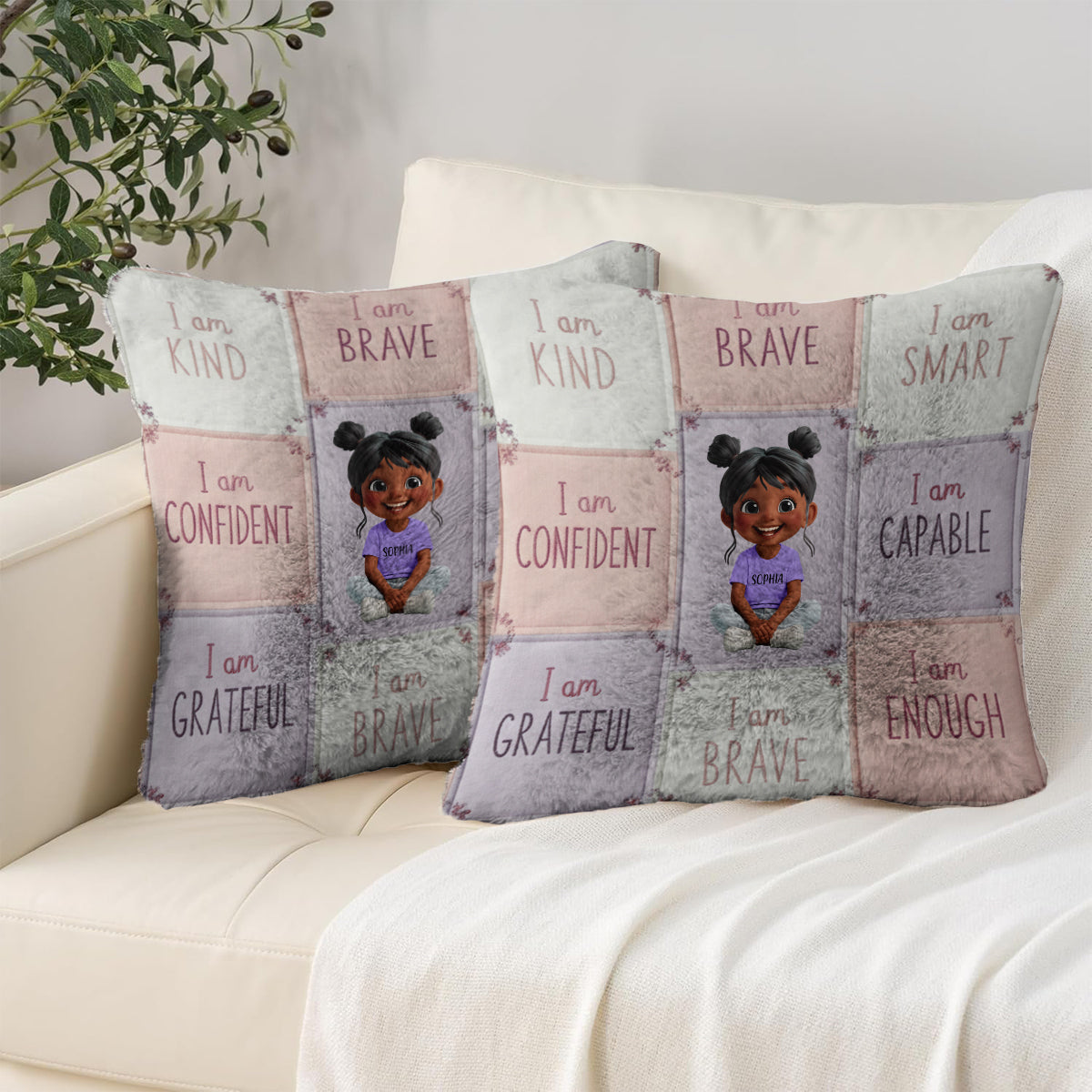 Je suis gentil(le) - Cadeau d'affirmation pour enfant - Coussin carré personnalisé en fausse fourrure pour enfant