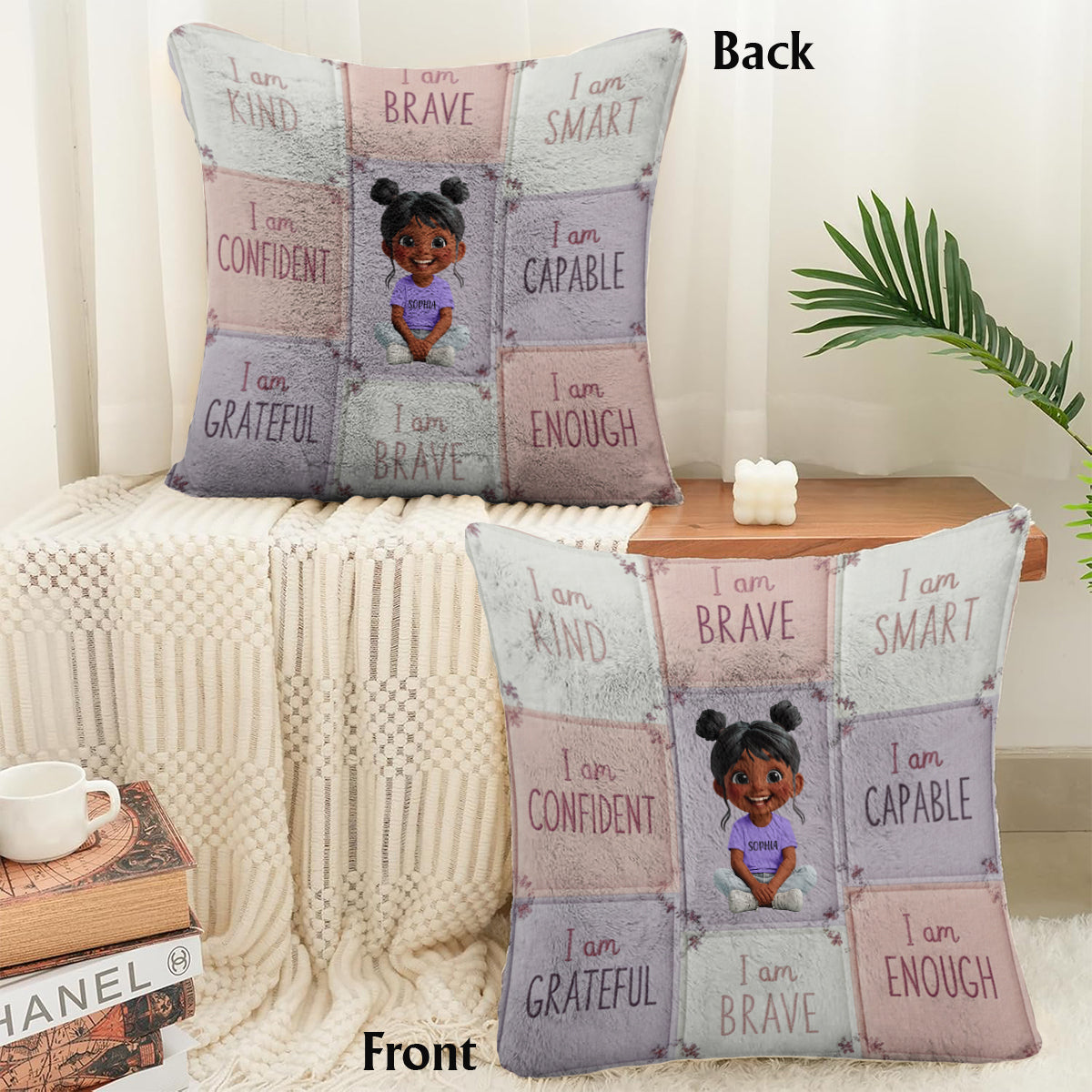 Je suis gentil(le) - Cadeau d'affirmation pour enfant - Coussin carré personnalisé en fausse fourrure pour enfant