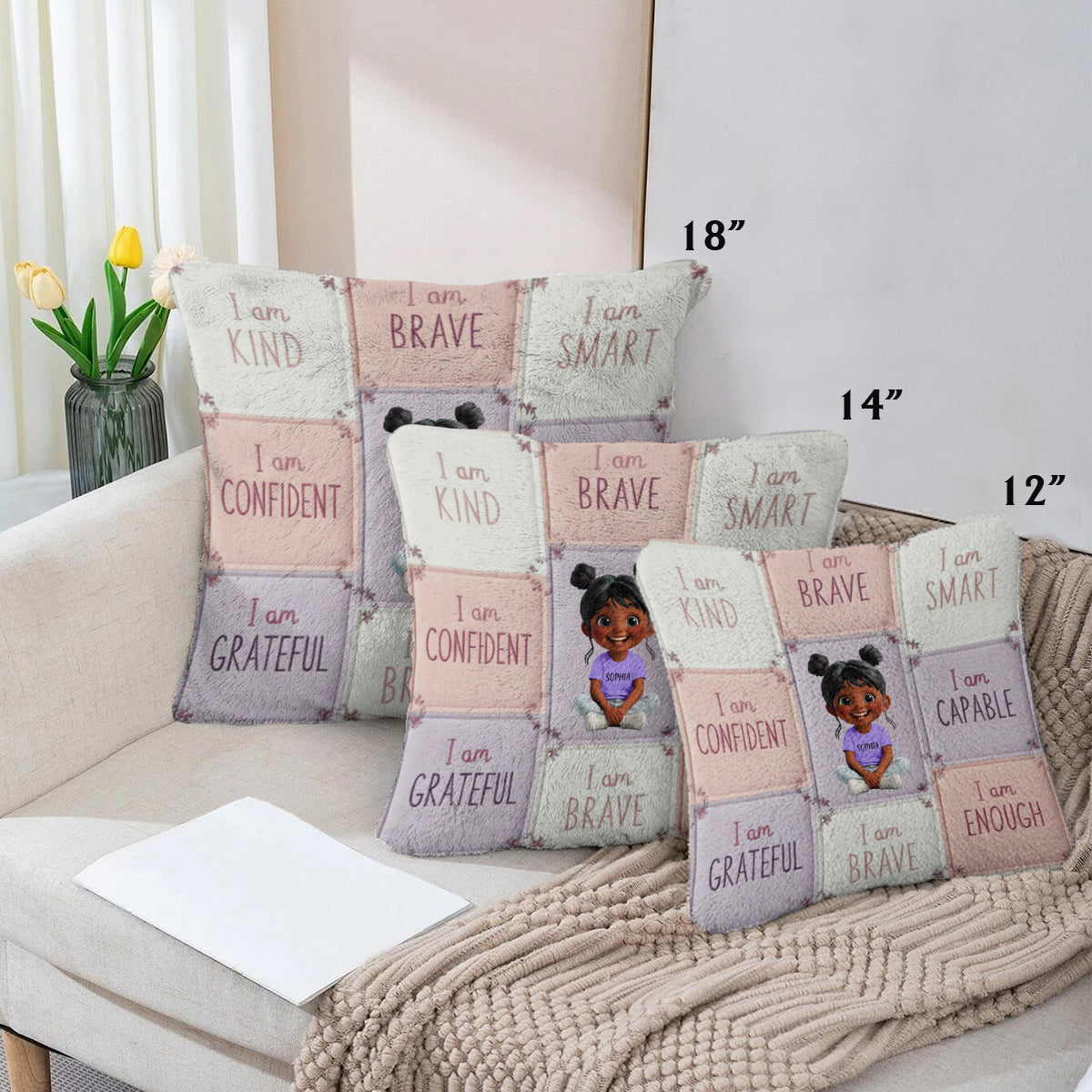 Je suis gentil(le) - Cadeau d'affirmation pour enfant - Coussin carré personnalisé en fausse fourrure pour enfant