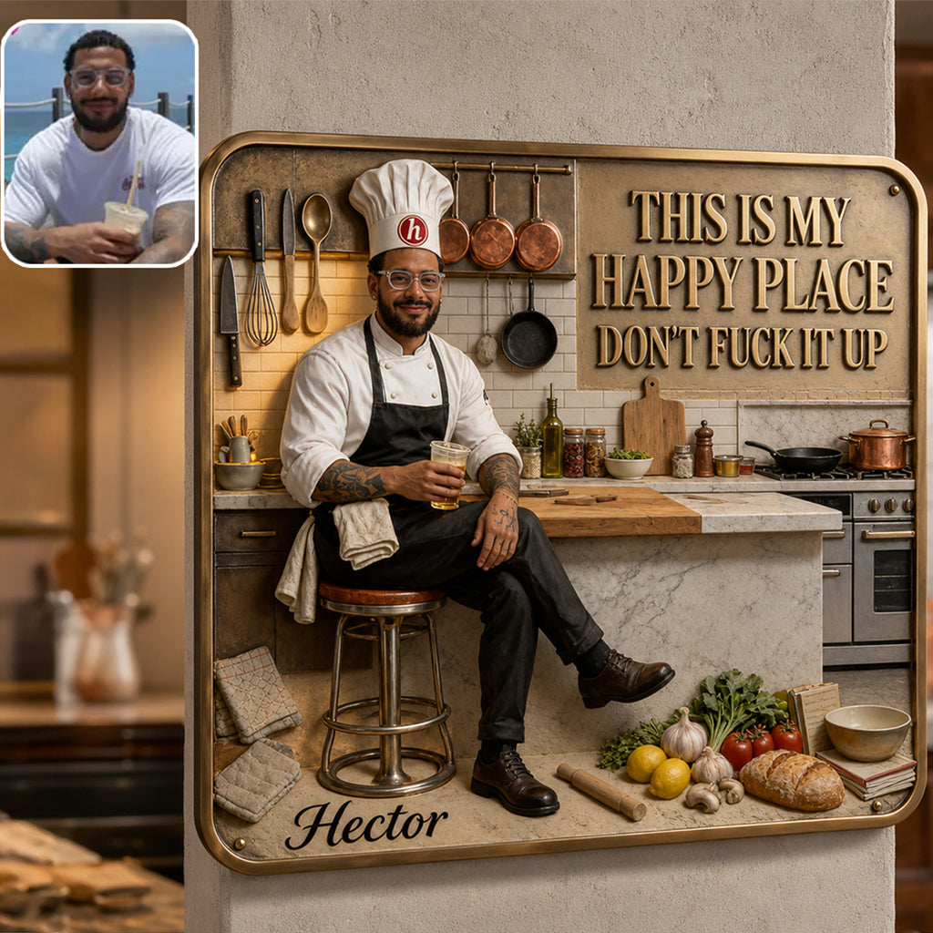 Kitchen Is My Happy Place - Personalized Cooking 3D Printed Cut Metal Sign