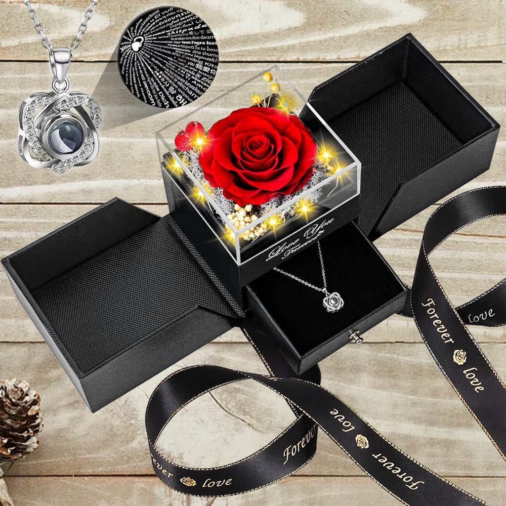 Preserved Red Real Rose with Heart I Love You Necklace