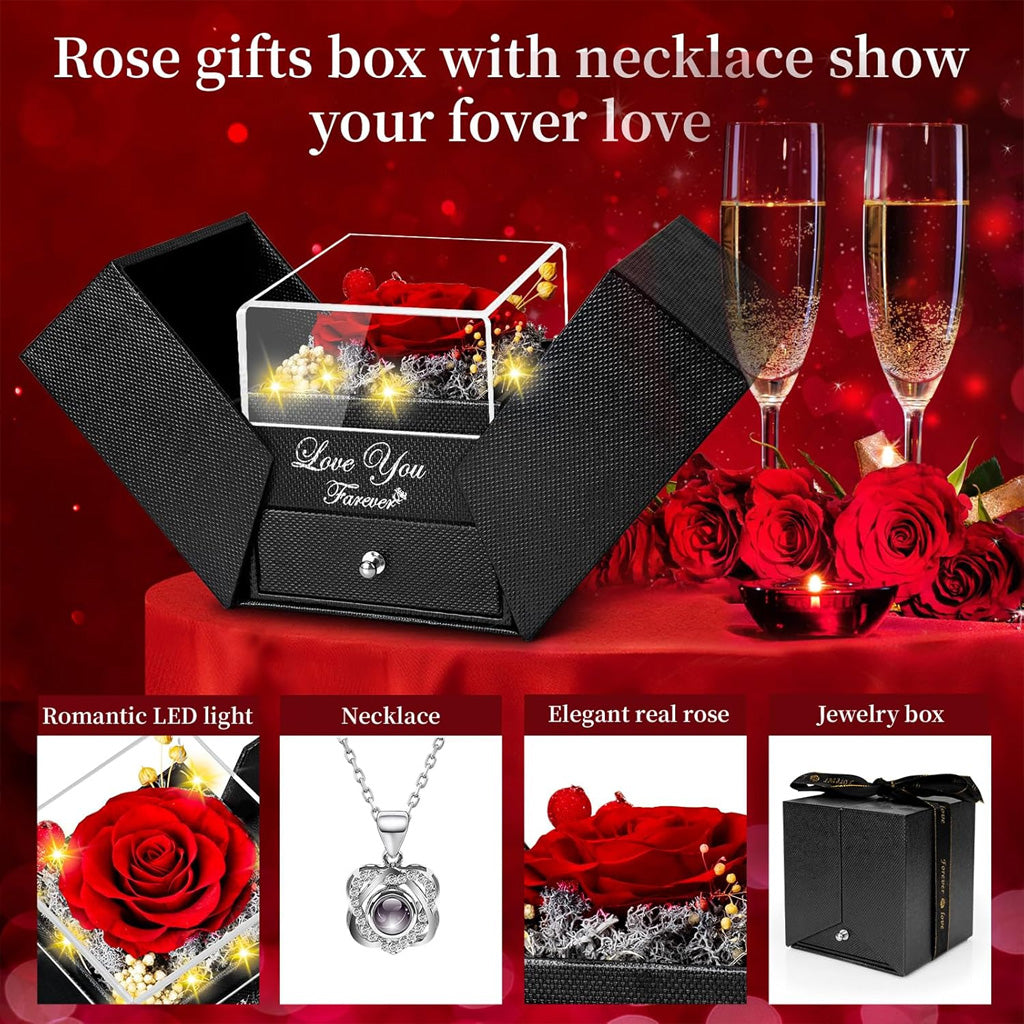 Preserved Red Real Rose with Heart I Love You Necklace
